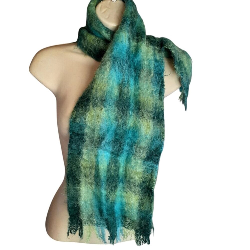 Craig-NA-Creidhe Mohair Plaid Scarf Made in Scotland Green and Blue 45" x 8"